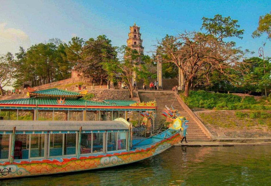 Dragon boat at Thien Mu Pagoda Hue Vietnam