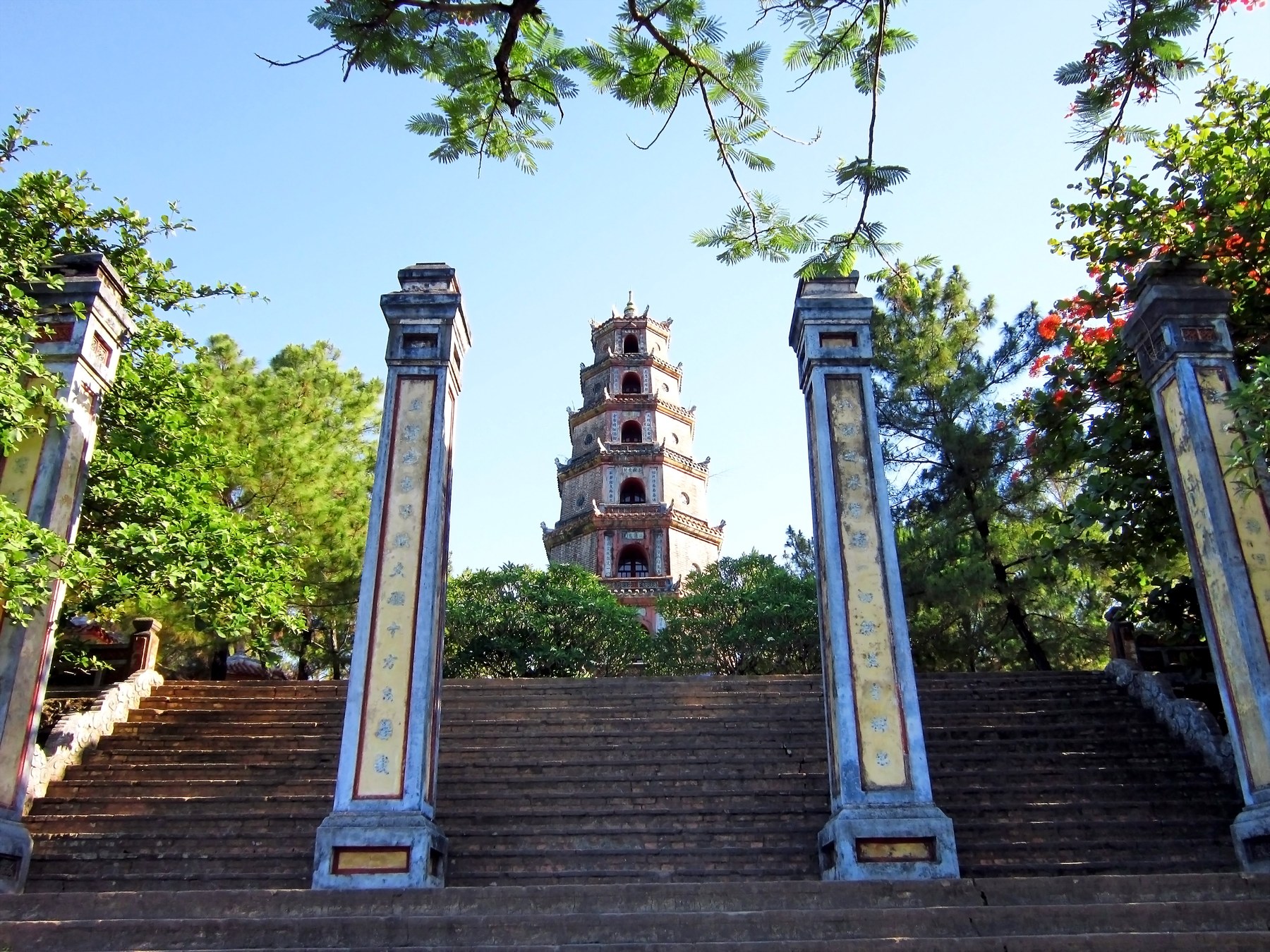 Thien Mu Pagoda garden in the morning sunlight